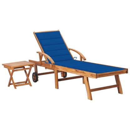 Sun lounger with table and cushion in solid teak