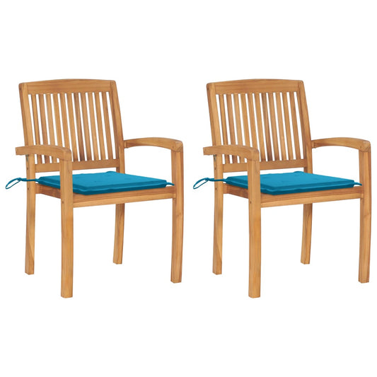 Garden Chairs 2 pcs with Blue Solid Teak Cushions