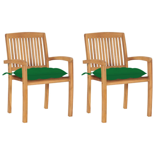 Garden Chairs 2 pcs with Green Cushions in Solid Teak
