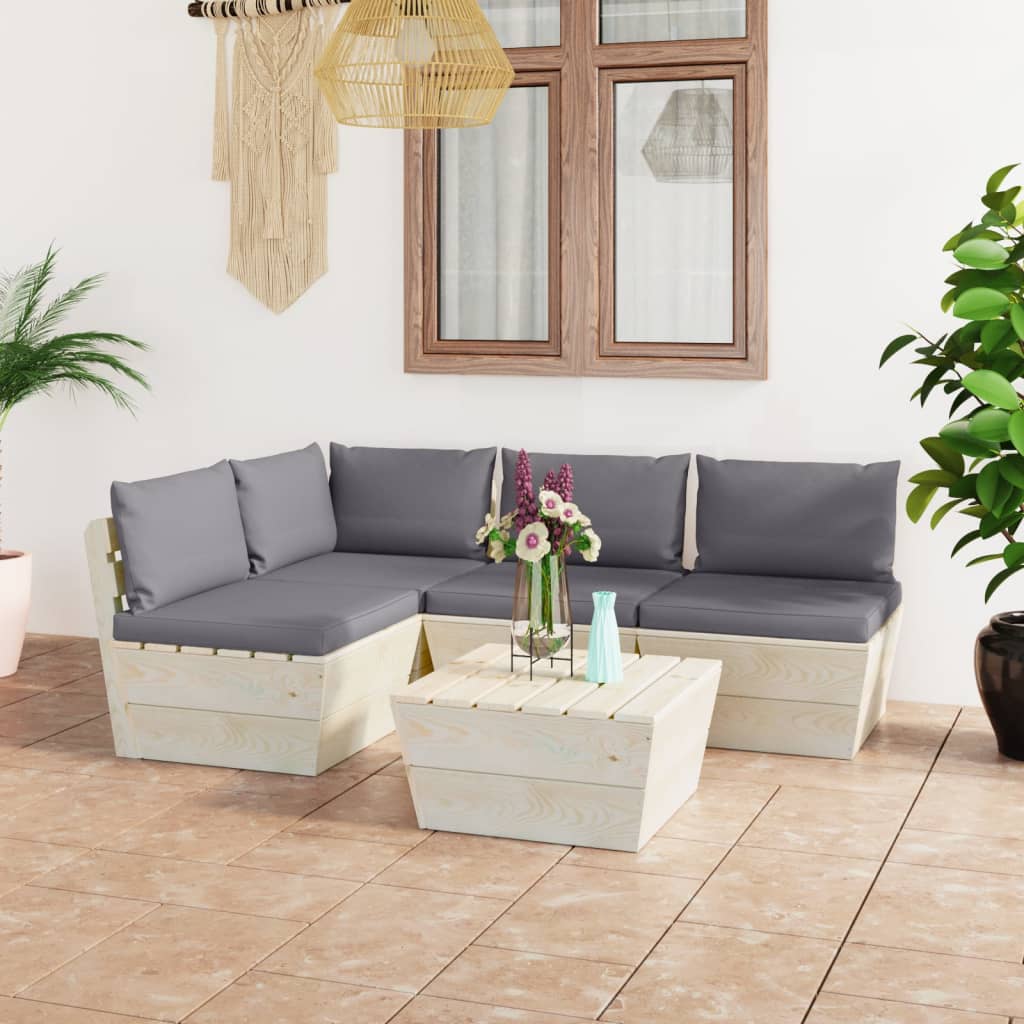 Set Divani da Giardino su Pallet 5 pz con Cuscini Legno Abete