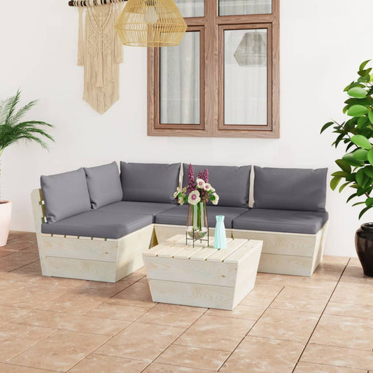 Set Divani da Giardino su Pallet 5 pz con Cuscini Legno Abete