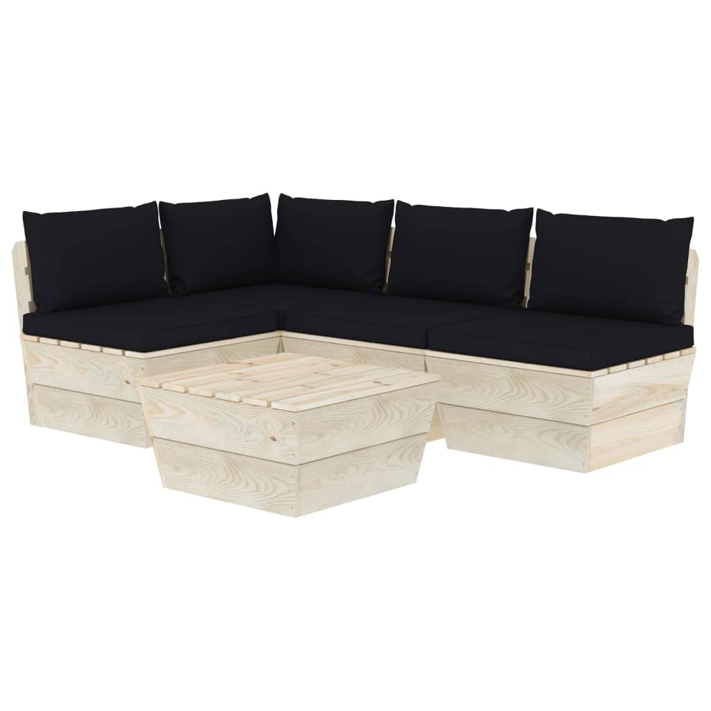 Set Divani da Giardino su Pallet 5 pz con Cuscini Legno Abete