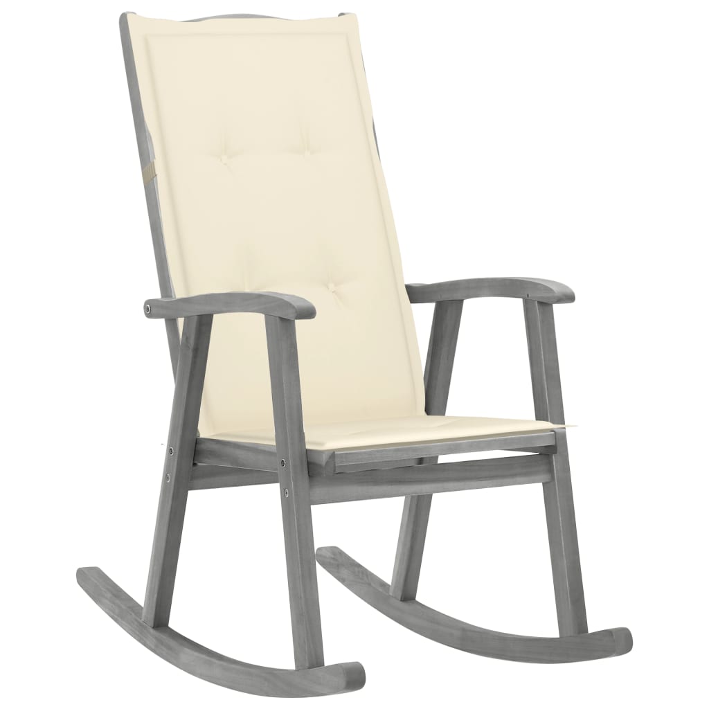 Gray Rocking Chair with Cushions in Solid Acacia Wood