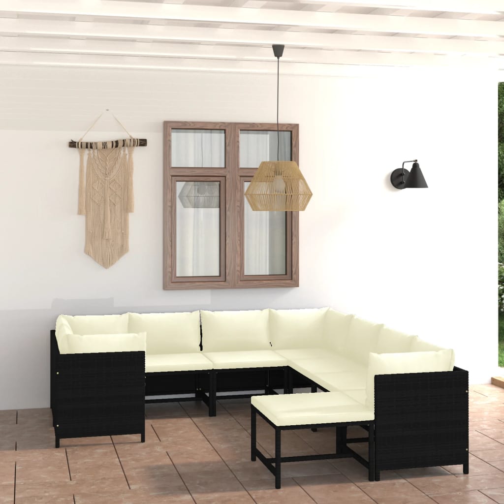 Set Divani da Giardino 9 pz con Cuscini in Polyrattan Nero - homemem39