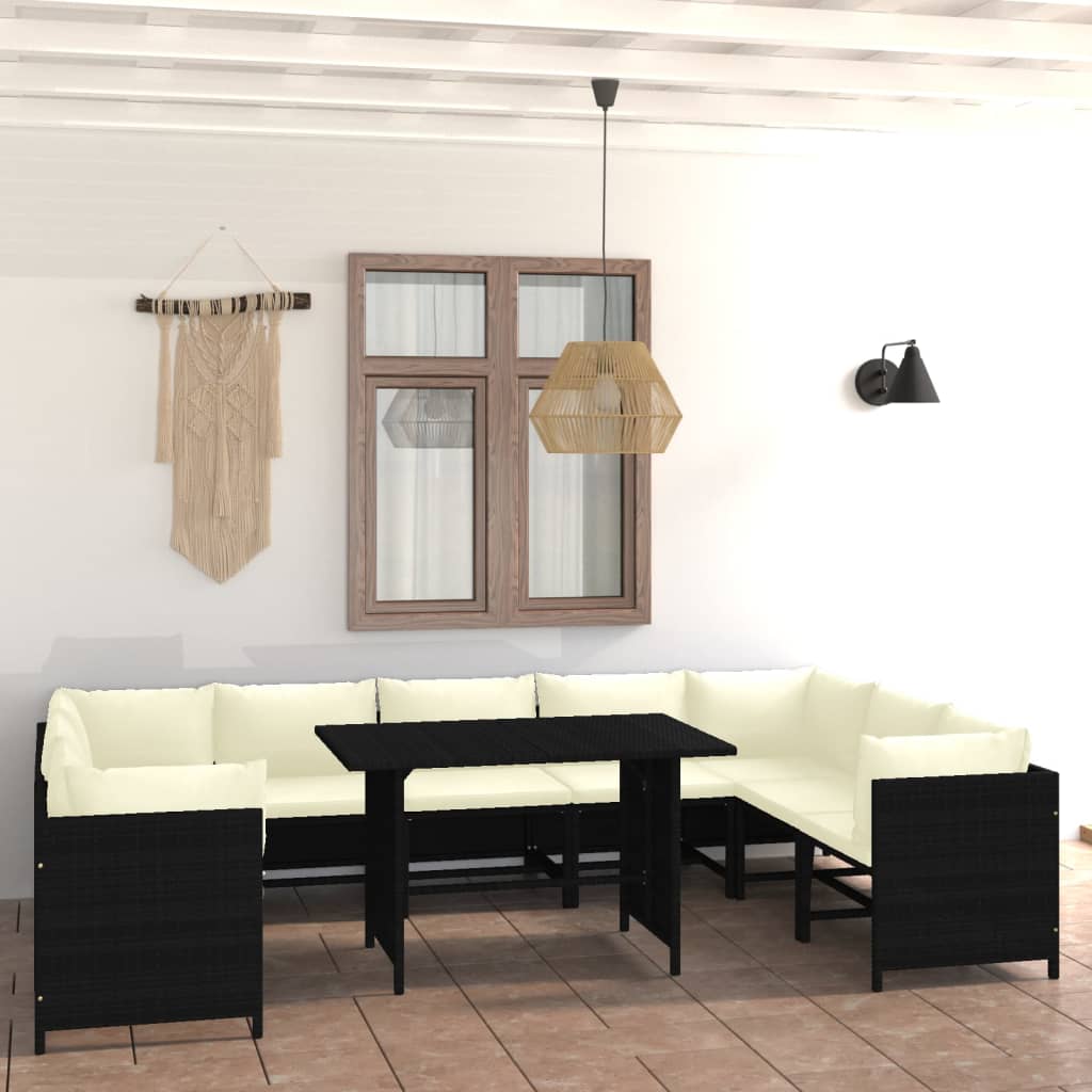 Set Divani da Giardino 10 pz con Cuscini in Polyrattan Nero - homemem39