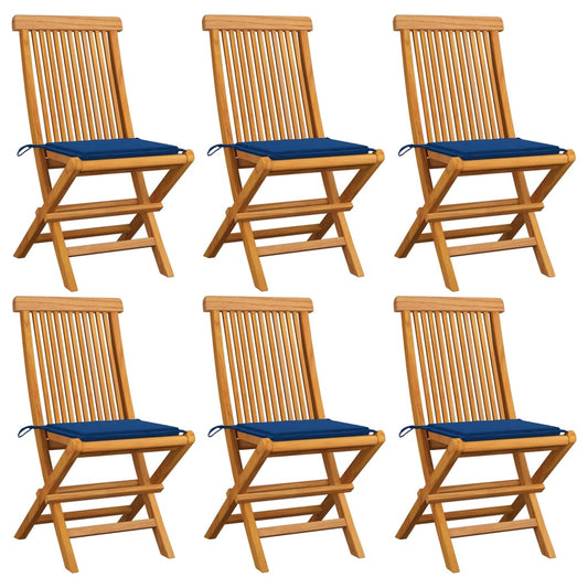 Sedie da Giardino con Cuscini Blu Reale 6 pz Massello di Teak