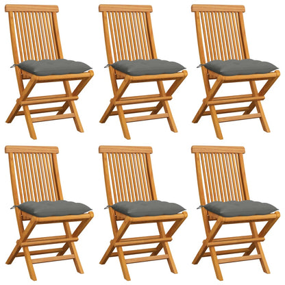 Garden Chairs with Gray Cushions 6 pcs in Solid Teak