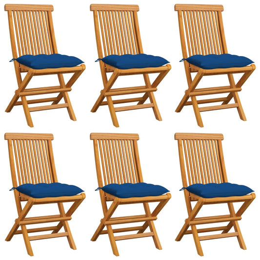 Garden Chairs with Blue Cushions 6 pcs in Solid Teak