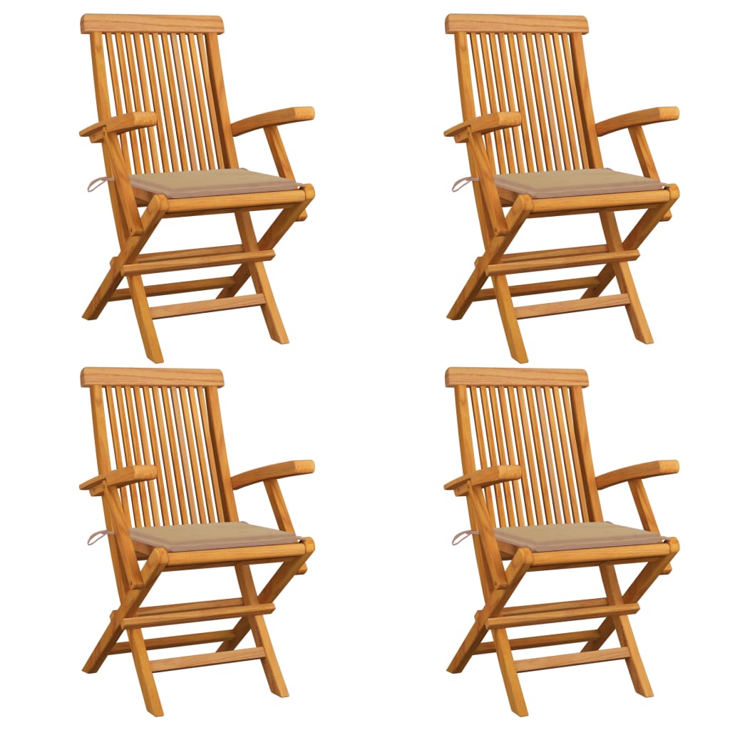 Sedie da Giardino con Cuscini Beige 4pz Legno Massello di Teak