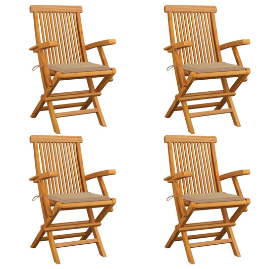 Sedie da Giardino con Cuscini Beige 4pz Legno Massello di Teak