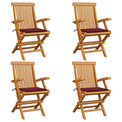 Sedie Giardino con Cuscini Rosso Vino 4 pz Legno Massello Teak