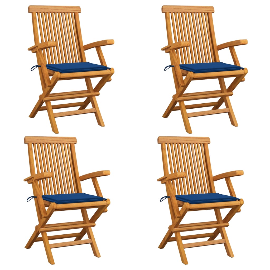 Sedie da Giardino con Cuscini Blu Reale 4pz Legno Massello Teak