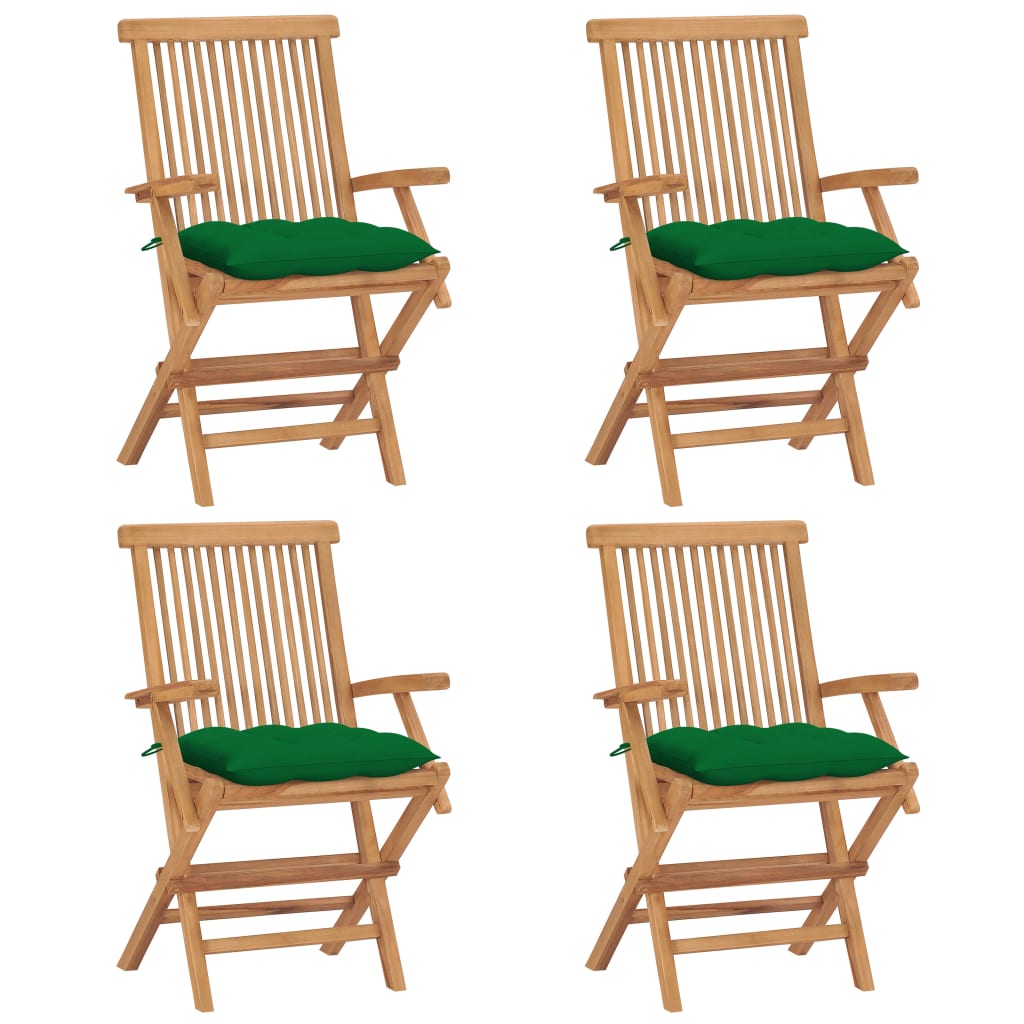 Sedie da Giardino con Cuscini Verdi 4 pz Legno Massello di Teak