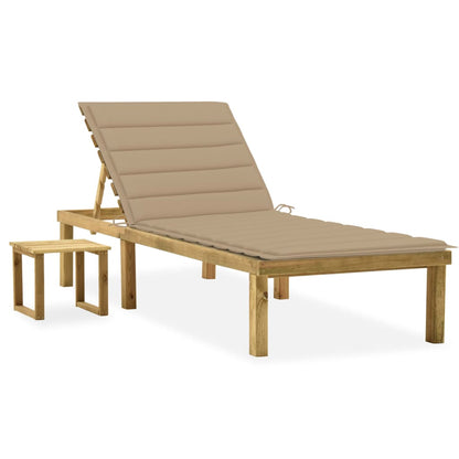 Garden lounger with coffee table and cushion in impregnated pine wood