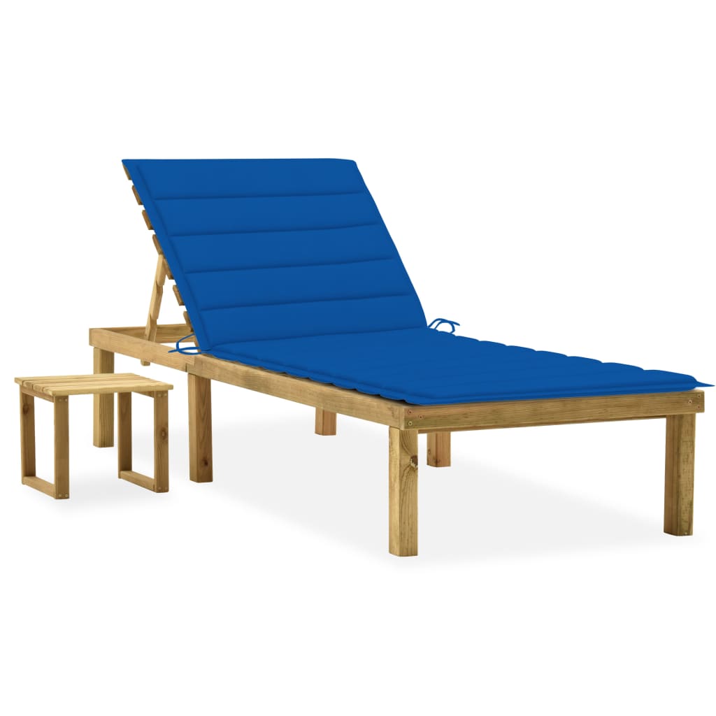 Garden lounger with coffee table and cushion in impregnated pine wood