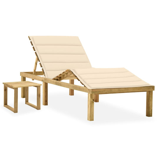 Garden lounger with coffee table and cushion in impregnated pine wood