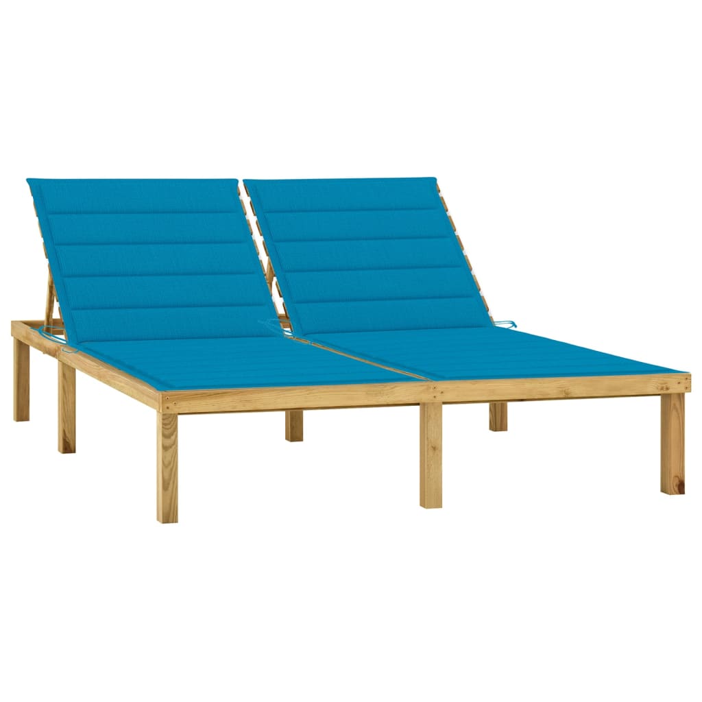 Double Sun Lounger and Blue Cushions in Impregnated Pine