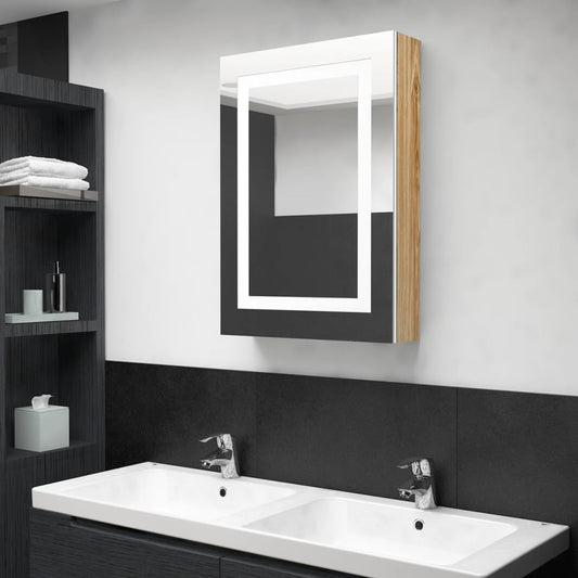 Armadietto Bagno con Specchio e LED Bianco e Rovere 50x13x70 cm | homemem39