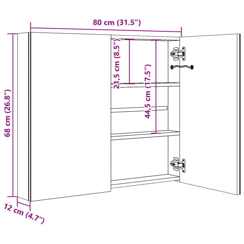 Armadietto Bagno con Specchio e LED Nero Lucido 80x12x68 cm | homemem39