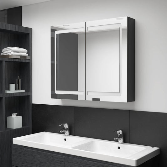 Armadietto Bagno con Specchio e LED Nero Lucido 80x12x68 cm | homemem39
