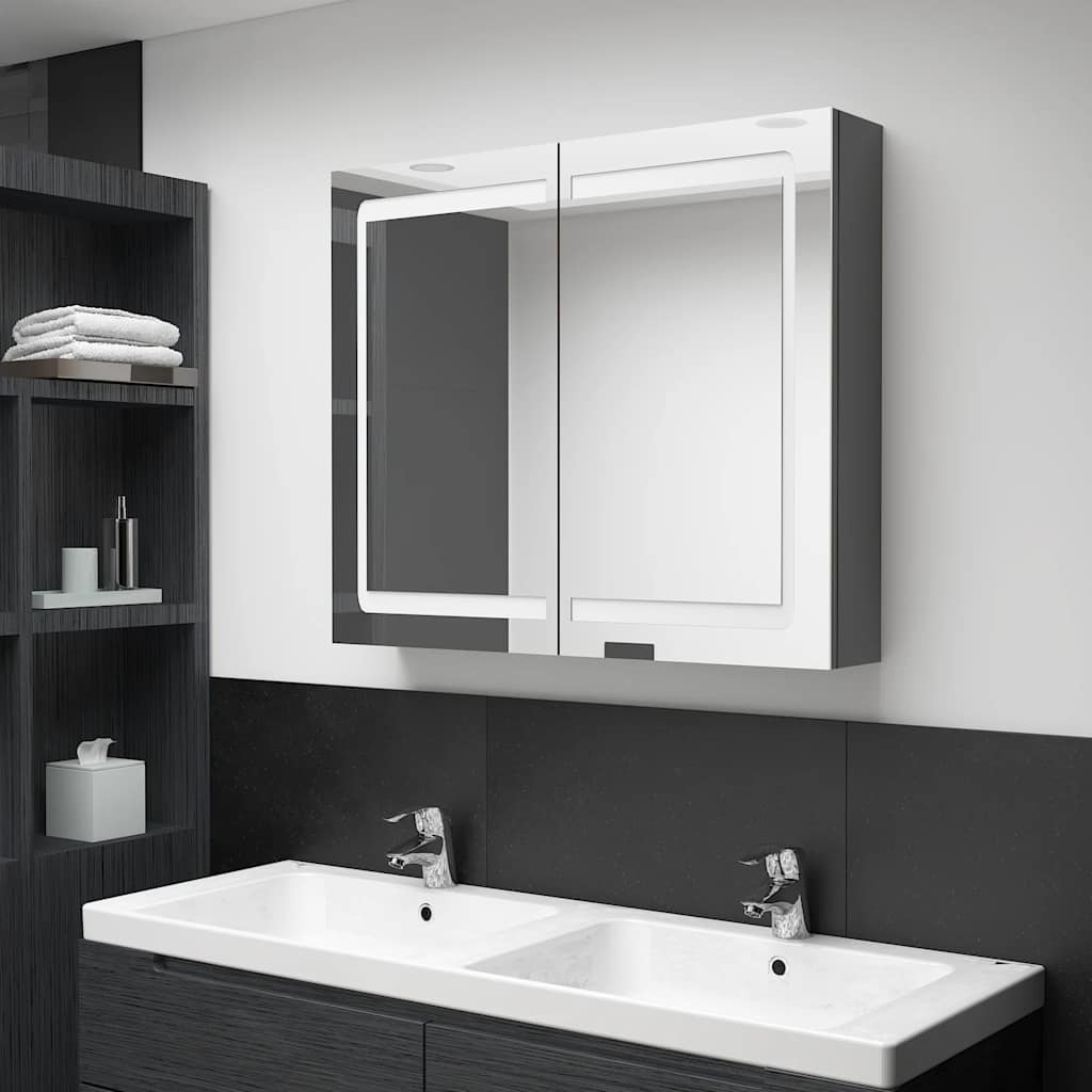 Armadietto Bagno con Specchio e LED Grigio 80x12x68 cm | homemem39