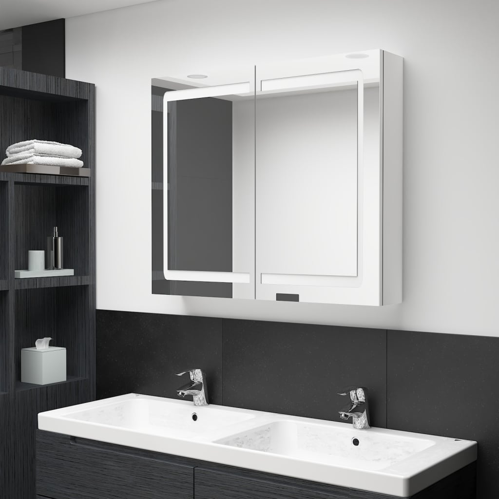 Armadietto Bagno con Specchio e LED Bianco Lucido 80x12x68 cm | homemem39