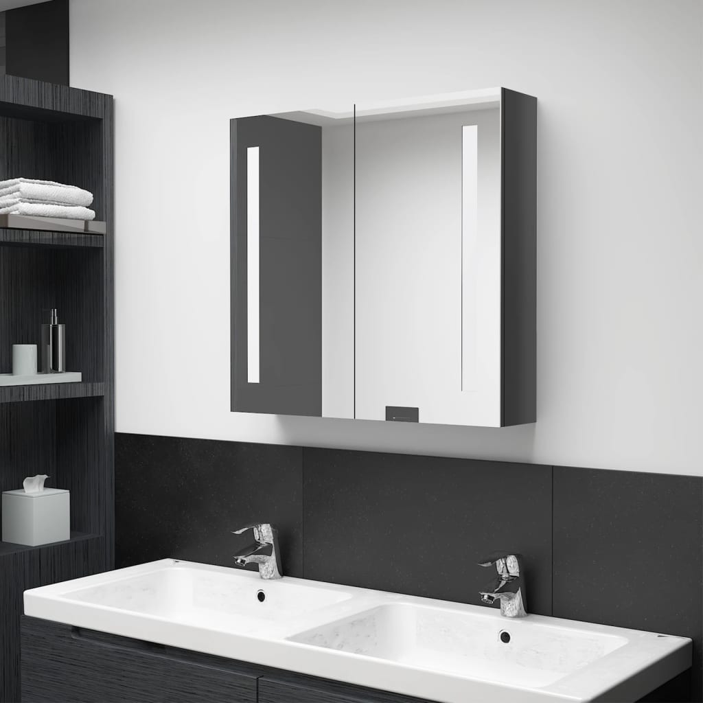 Armadietto Bagno con Specchio e LED Grigio Lucido 62x14x60 cm | homemem39