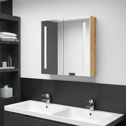 Armadietto Bagno con Specchio e LED Bianco e Rovere 62x14x60 cm | homemem39