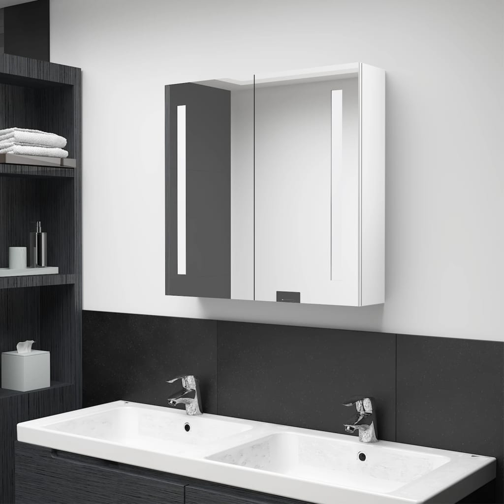 Armadietto Bagno con Specchio e LED Bianco Lucido 62x14x60 cm | homemem39