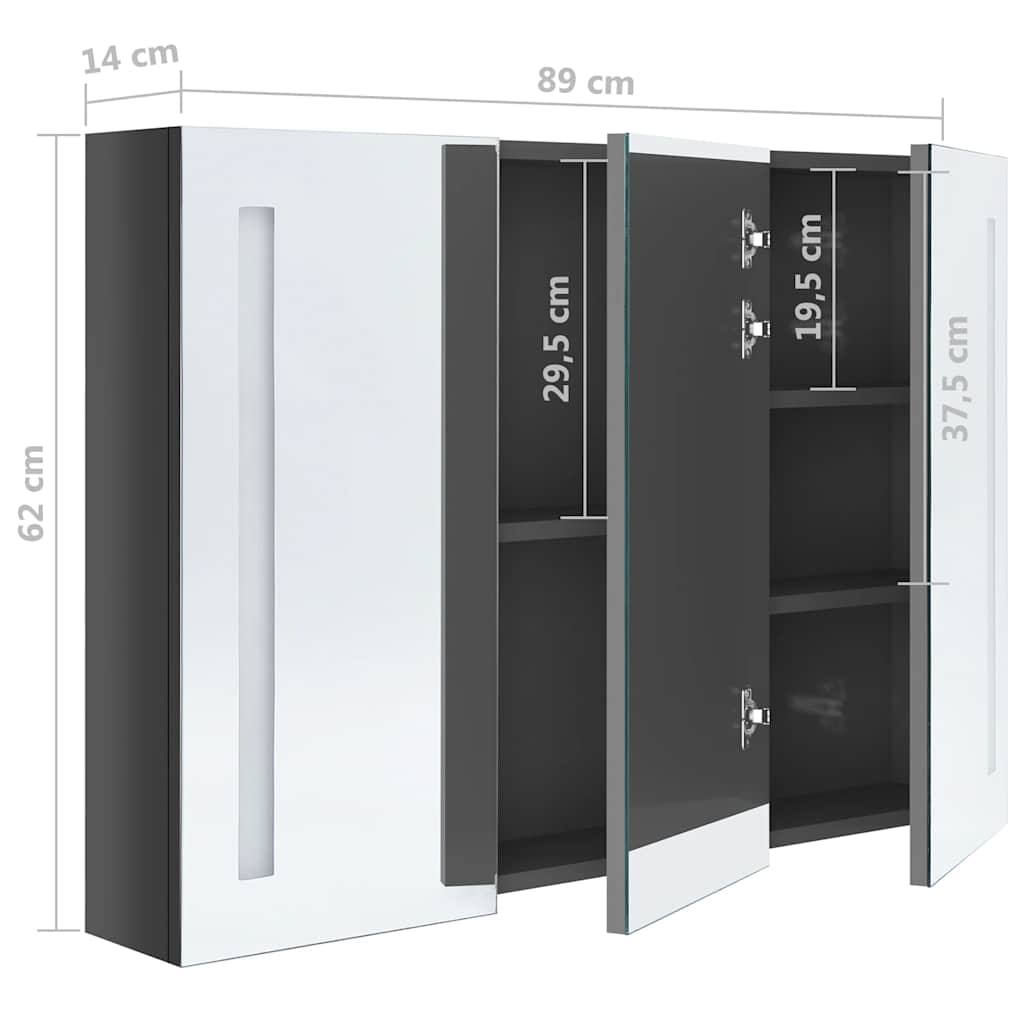 Armadietto Bagno con Specchio e LED 89x14x62 cm Grigio Lucido | homemem39