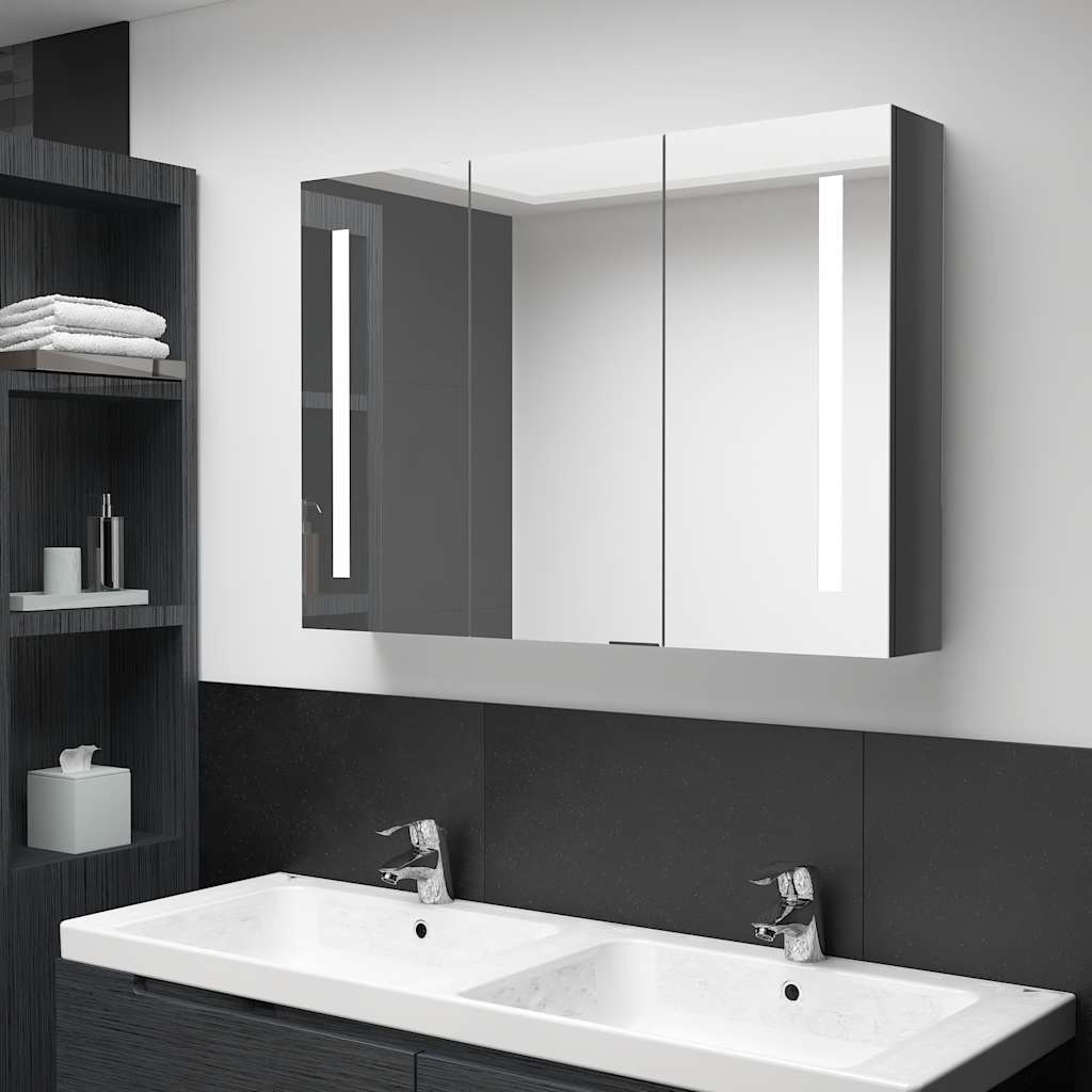 Armadietto Bagno con Specchio e LED 89x14x62 cm Grigio Lucido | homemem39