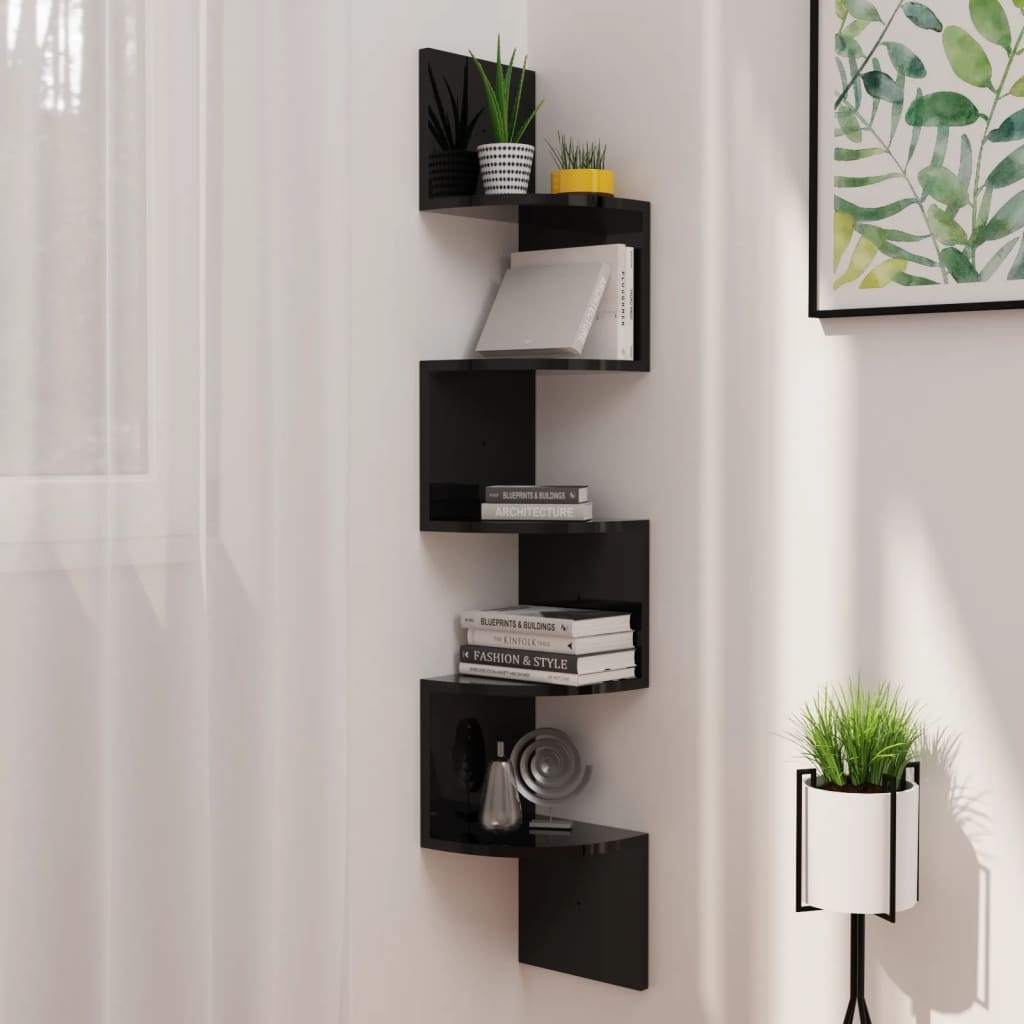 Scaffale Angolare a Muro Nero Lucido 19x19x123 cm Multistrato | homemem39