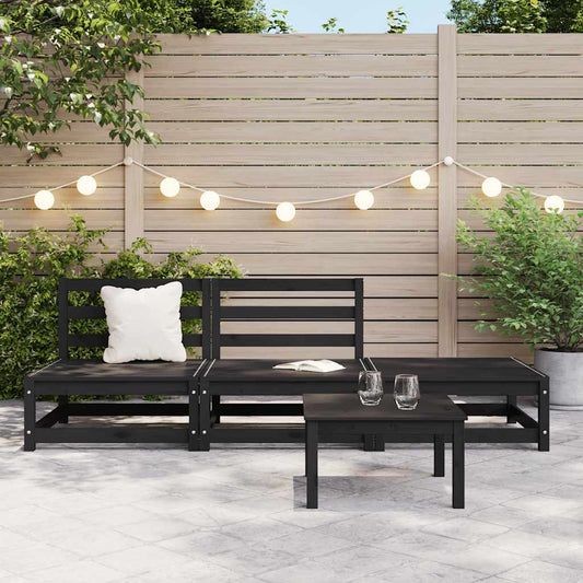 Set Divani da Giardino 3 pz Nero in Legno Massello di Pino