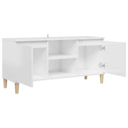 Mobile TV con Gambe Legno Massello Bianco Lucido 103,5x35x50 cm