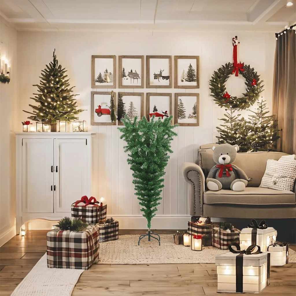 Albero di Natale Artificiale Capovolto con Supporto Verde 120 cm PVC