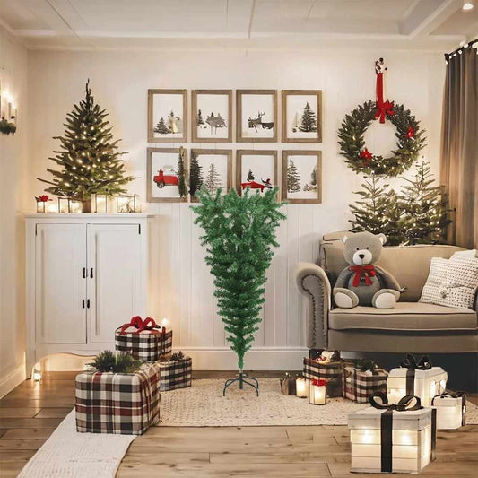 Albero di Natale Artificiale Capovolto con Supporto Verde 120 cm PVC