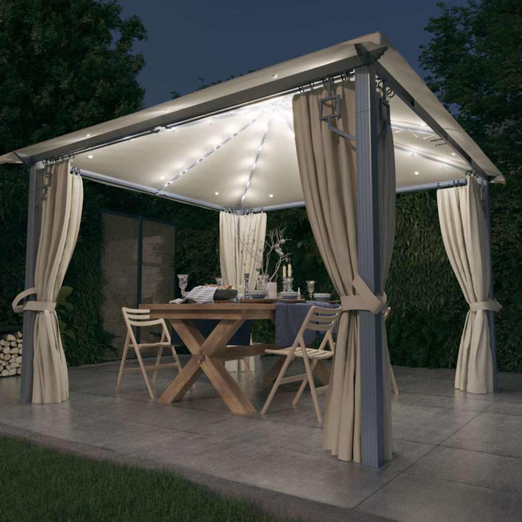 Gazebo con Tende Stringa di Luci LED Crema Alluminio