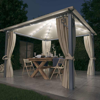 Gazebo con Tende Stringa di Luci LED Crema Alluminio