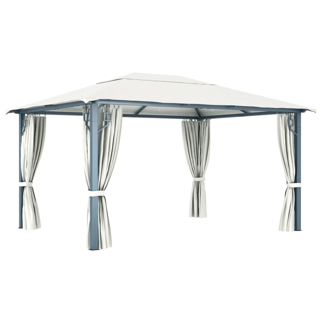 Gazebo con Tende Stringa di Luci LED 400x300 cm Crema Alluminio | homemem39