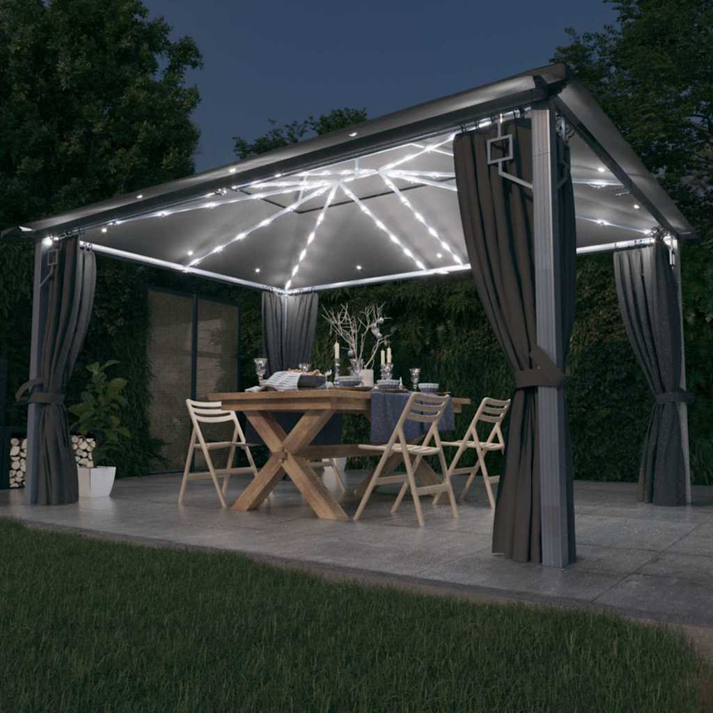 Gazebo con Tende e Luci LED Alluminio