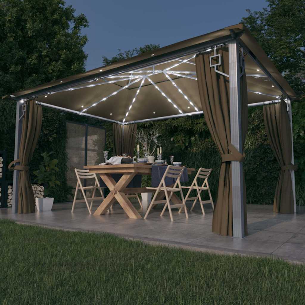 Gazebo con Tende e Luci LED Alluminio
