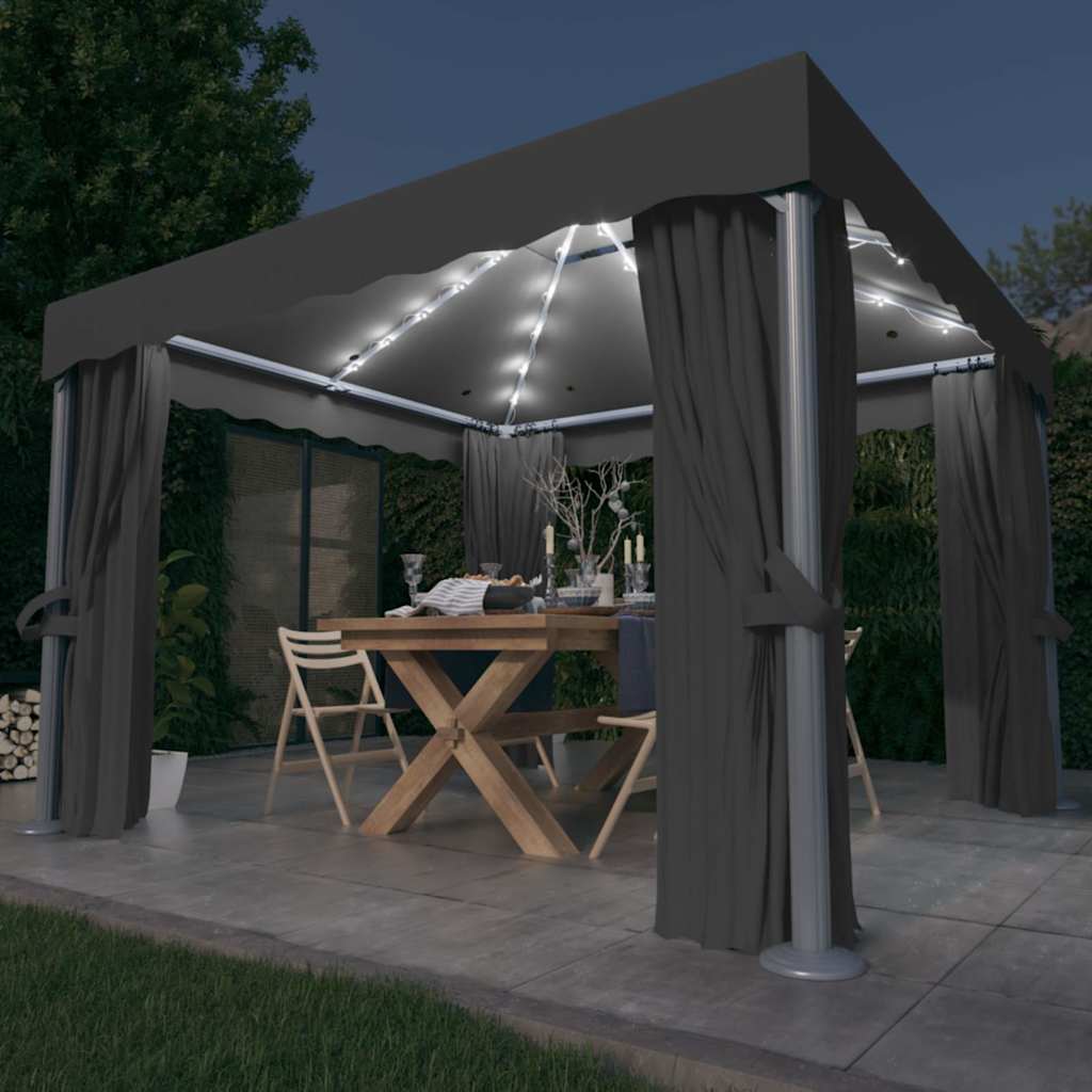 Gazebo con Tende e Stringa di Luci LED