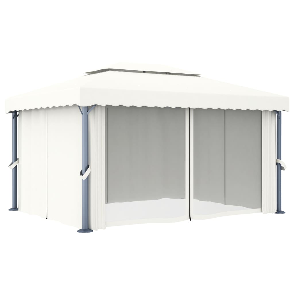 Gazebo con Tende e Stringa di Luci LED 4x3 m Bianco Crema - homemem39