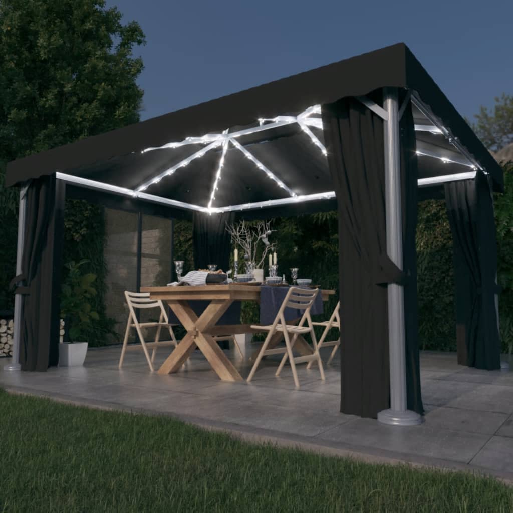 Gazebo con Tende e Stringa di Luci LED 4x3 m Antracite - homemem39