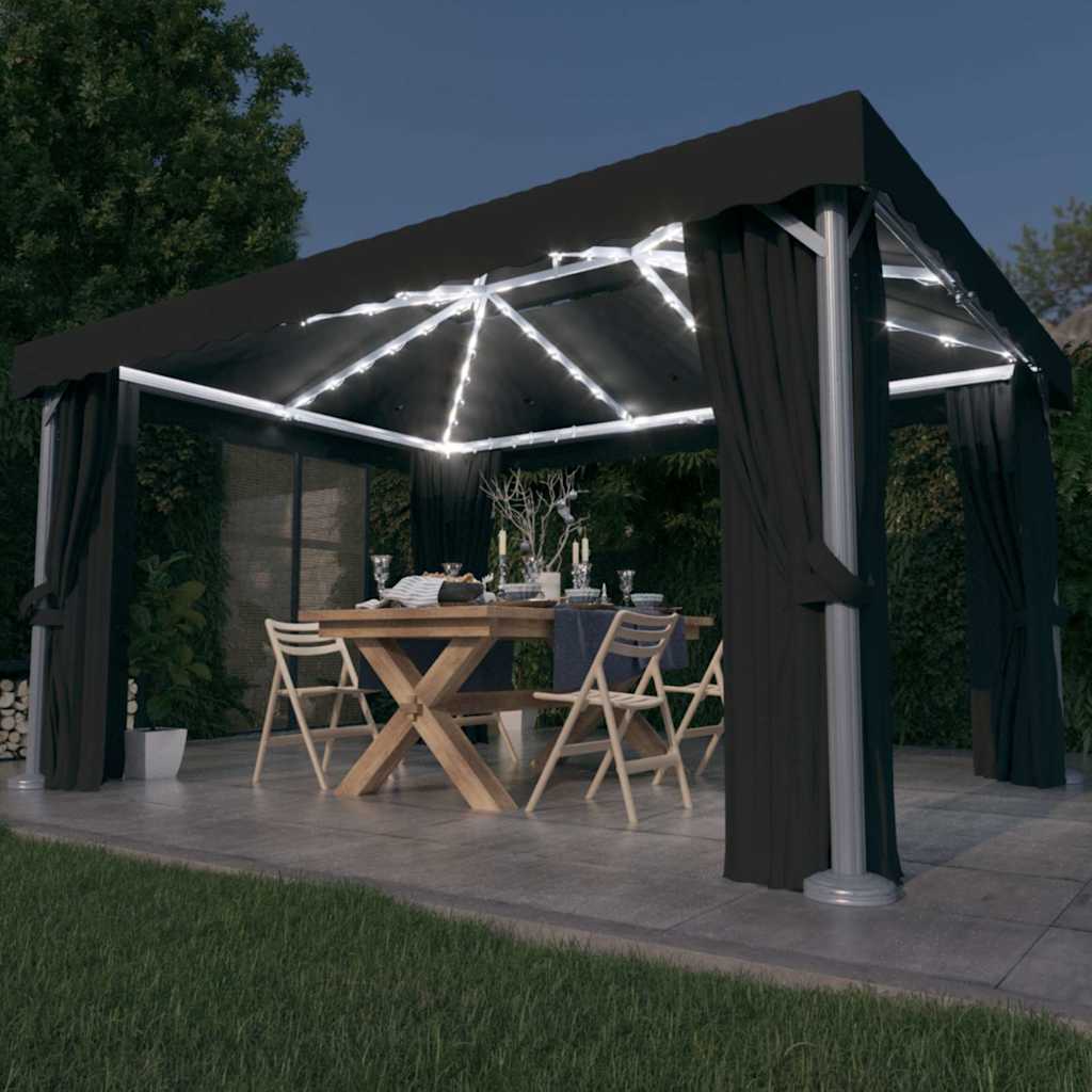Gazebo con Tende e Stringa di Luci LED