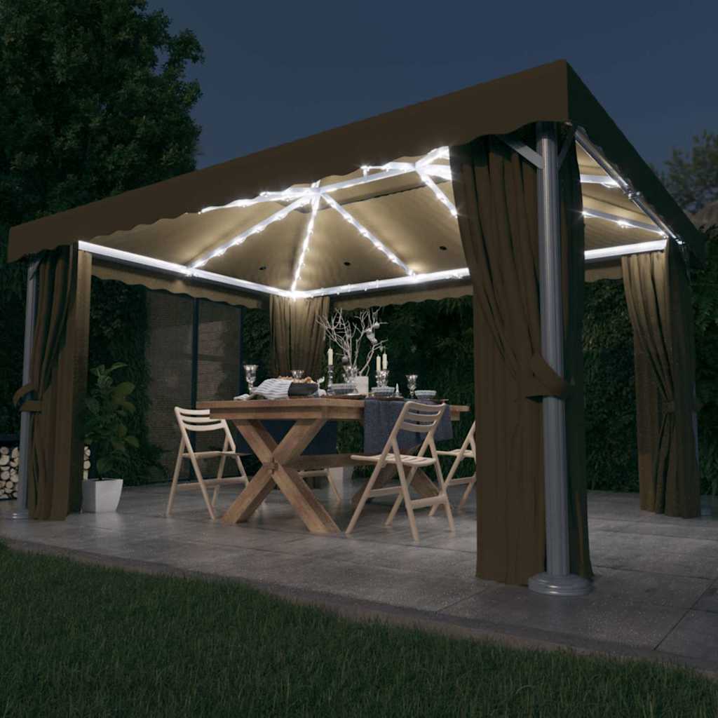 Gazebo con Tende e Stringa di Luci LED