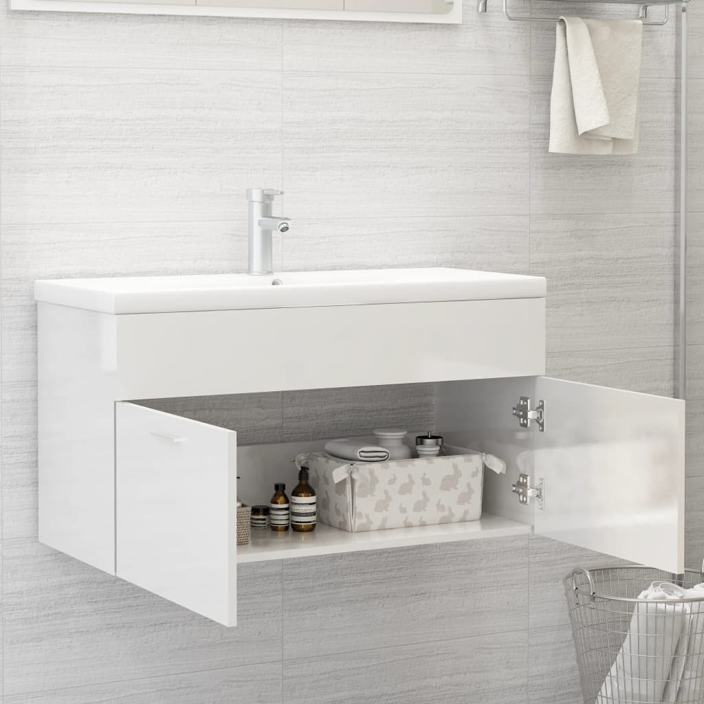 Mobile con Lavabo Integrato Bianco Lucido in Legno Multistrato | homemem39