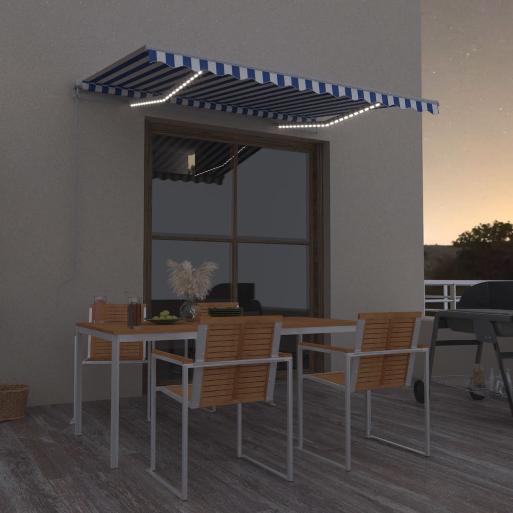 Tenda da Sole Retrattile Manuale con LED 300x250cm Blu e Bianco - homemem39