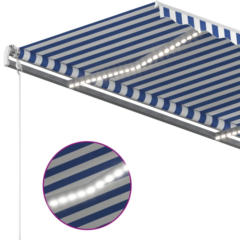Tenda da Sole Retrattile Manuale con LED 450x350 cm Blu Bianca | homemem39