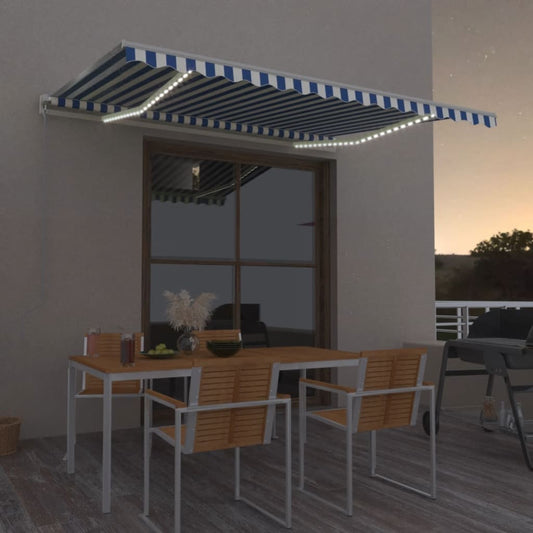 Tenda da Sole Retrattile Manuale con LED 450x350 cm Blu Bianca | homemem39